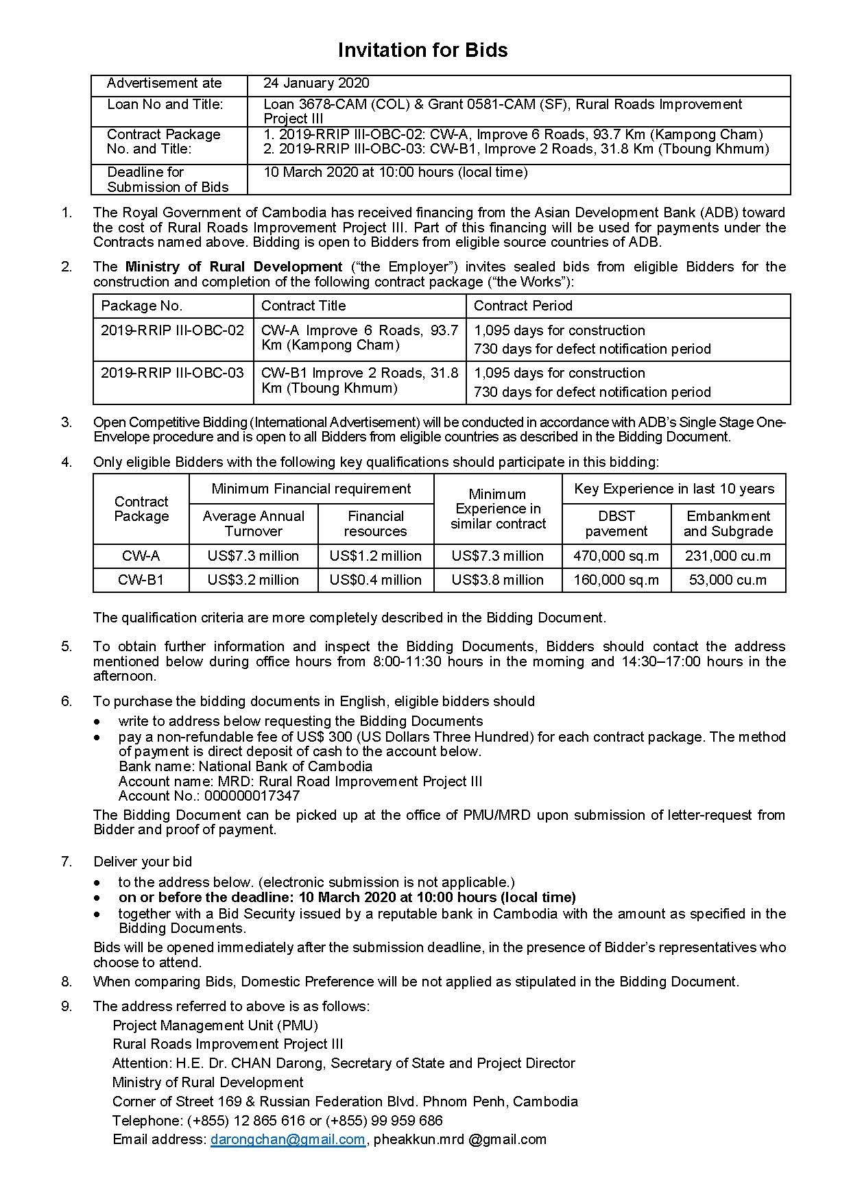 Loan 3678-CAM (COL) & Grant 0581-CAM (SF), Rural Roads Improvement Project III