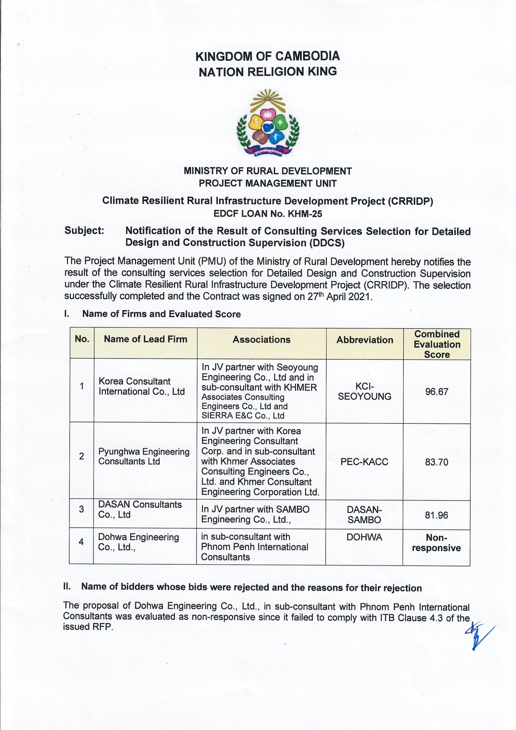Notification of the Result of Consulting Services Selection for Detailed Design and Construction Supervision (DDCS)