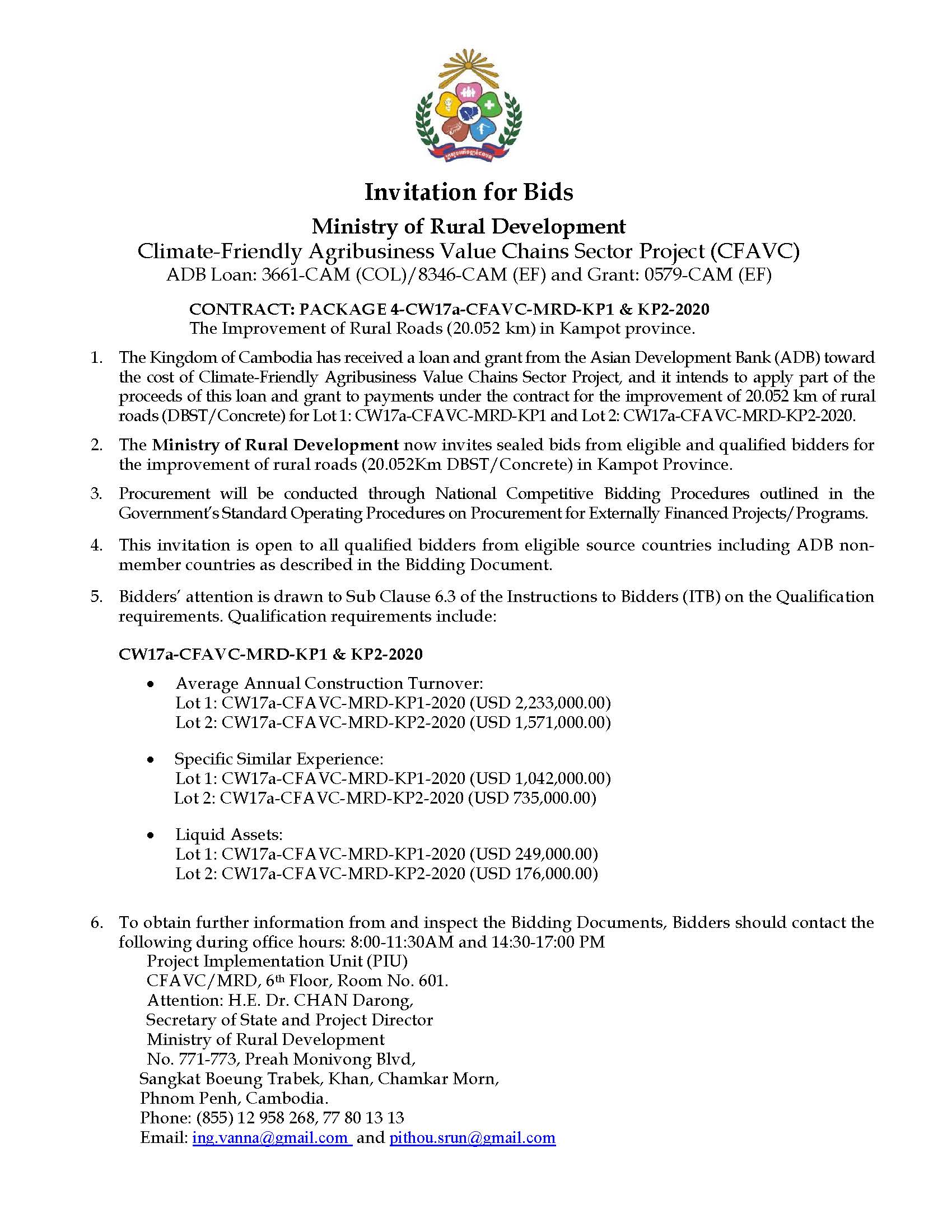 Invitation for Bids of CONTRACT: PACKAGE 4-CW17a-CFAVC-MRD-KP1 & KP2-2020 The Improvement of Rural Roads (20.052 km) in Kampot province.