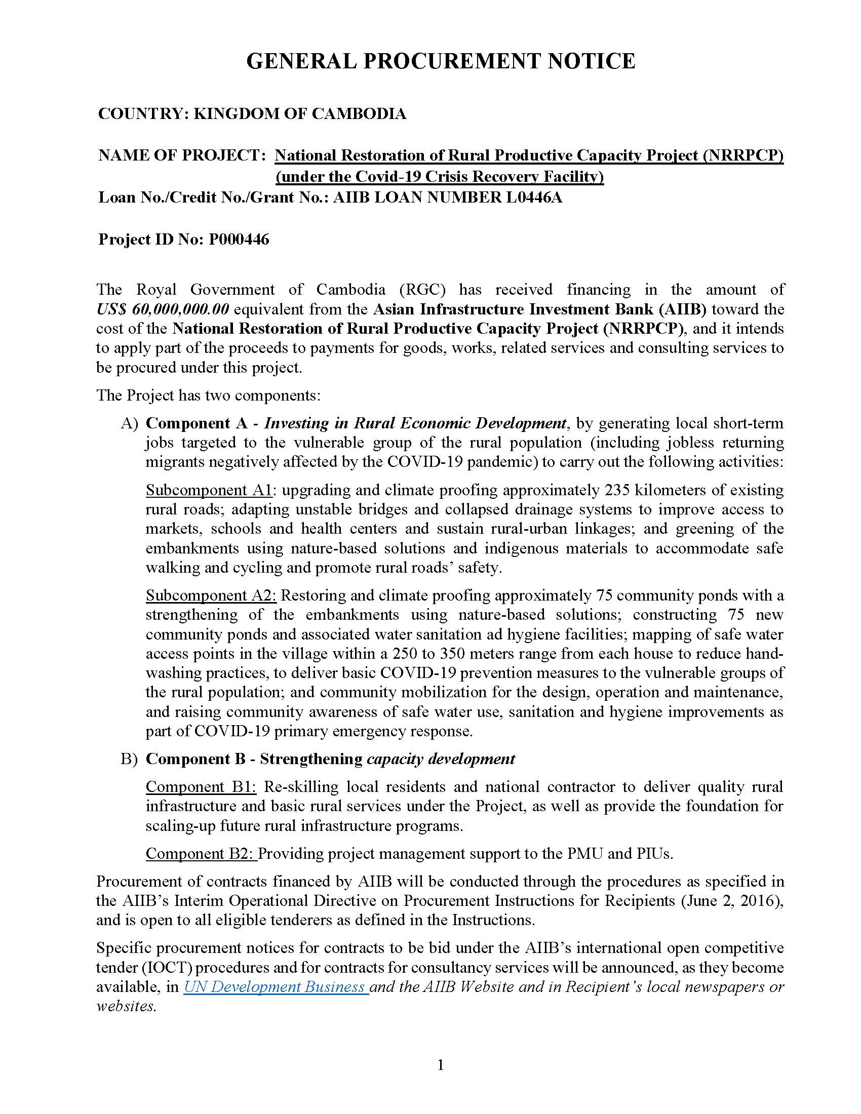 National Restoration of Rural Productive Capacity Project (NRRPCP) (under the Covid-19 Crisis Recovery Facility)