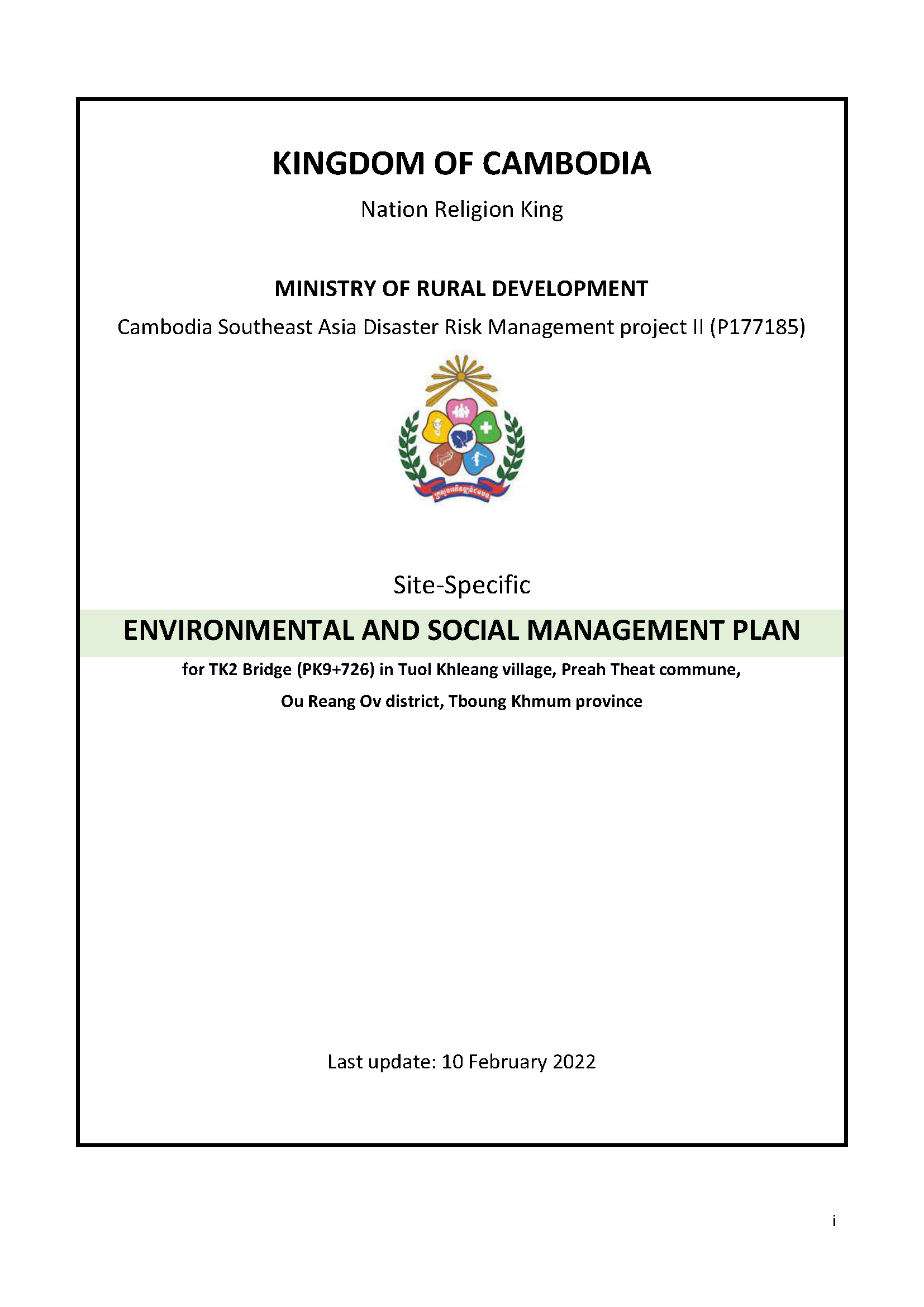 ENVIRONMENTAL AND SOCIAL MANAGEMENT PLAN