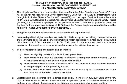 REQUEST FOR QUOTATIONS for The Supply and Delivery of 05 Pick-ups for PIU/MRD Contract Identification No. MRD-GD02-ADB/ACSEP/2022/01 16 04 08 22 Advertisement RFQ 05 Pick ups Page 1