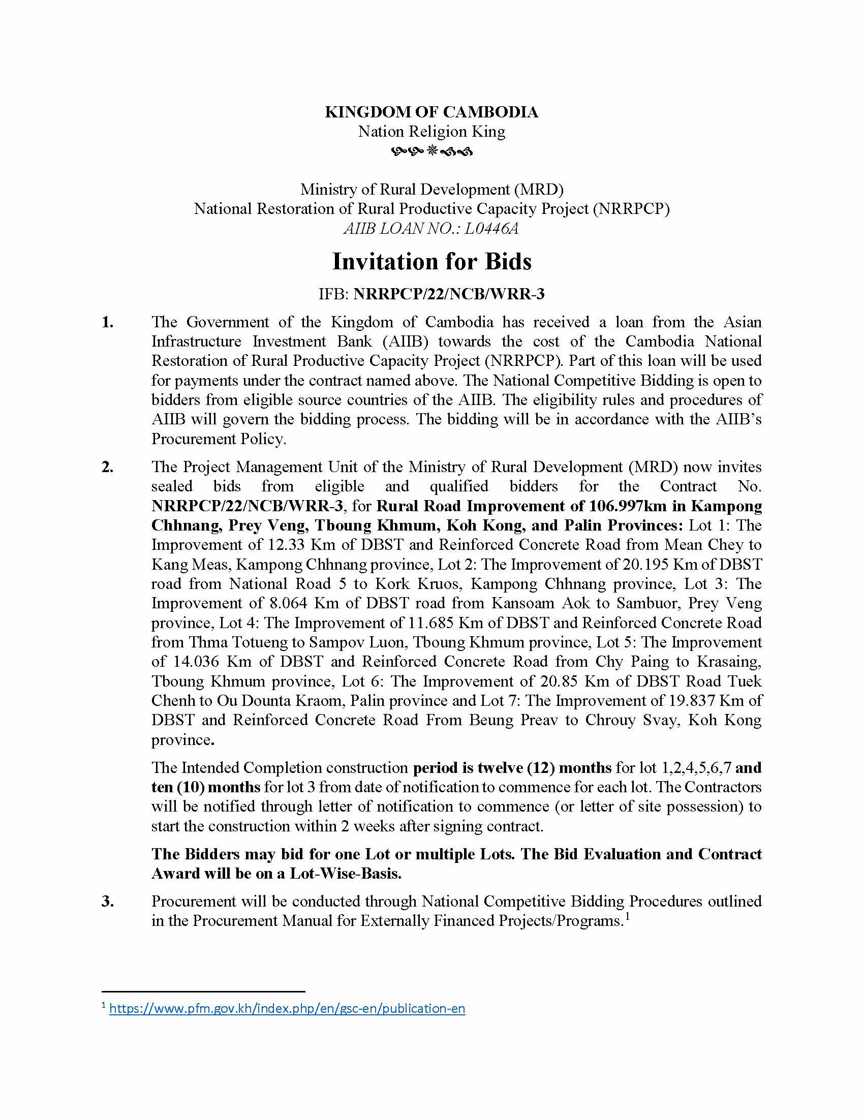 Invitation for Bids IFB: NRRPCP/22/NCB/WRR-3