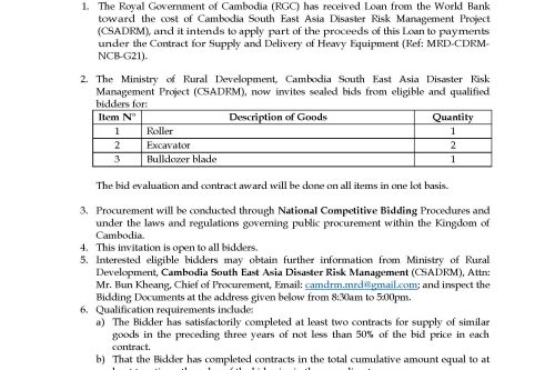 Invitation for Bids Ministry of Rural Development South East Asia Disaster Risk Management Project Wishes to Purchase: Supply and Delivery of Heavy Equipment 2 Invitation for Bids Heavy equipment Page 1