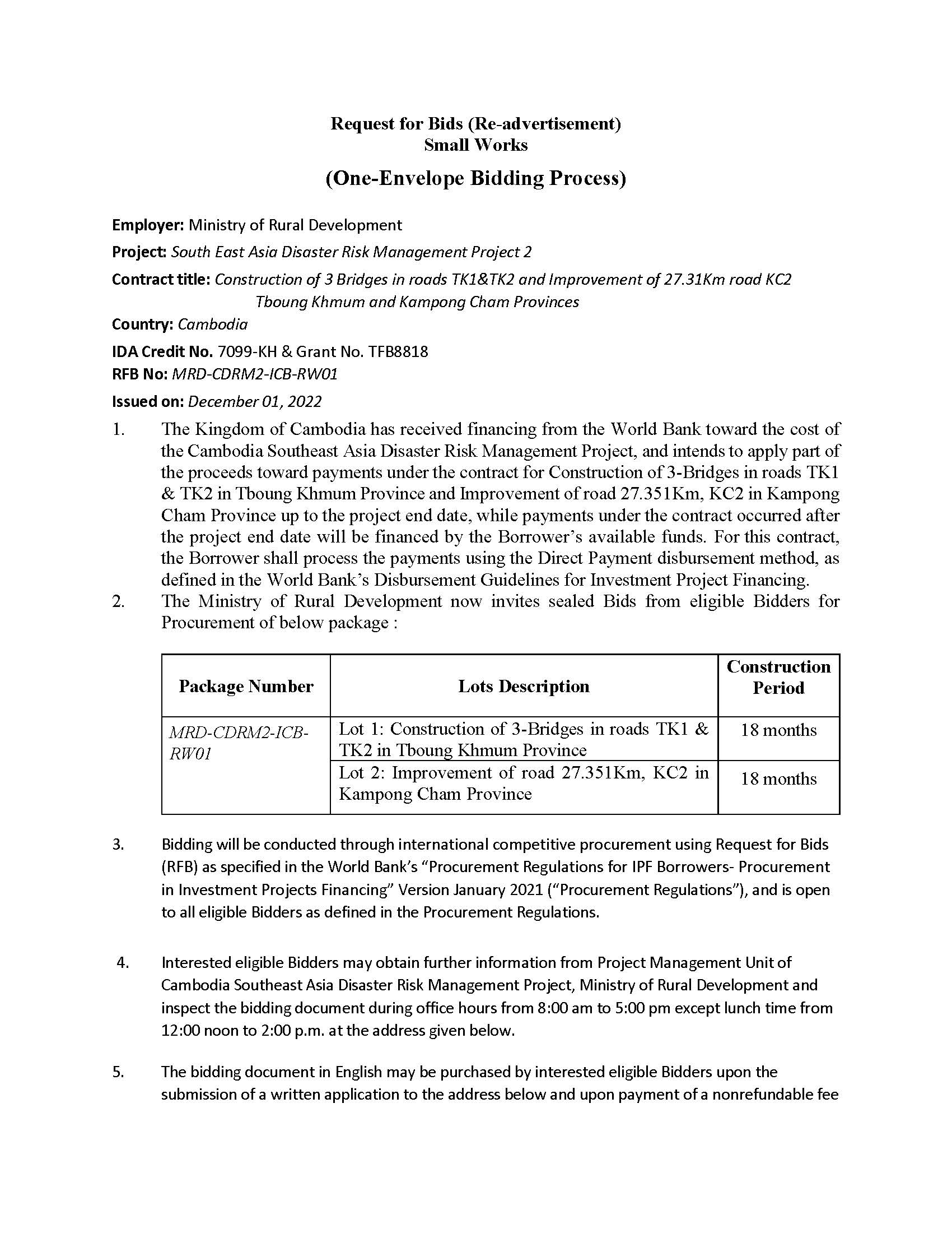 Request for Bids (Re-advertisement) Small Works  (One-Envelope Bidding Process)