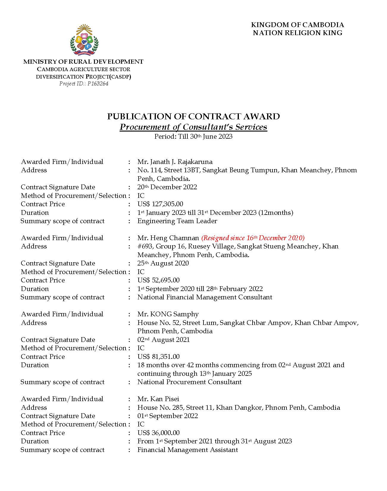 PUBLICATION OF CONTRACT AWARD Procurement of Consultant’s Services