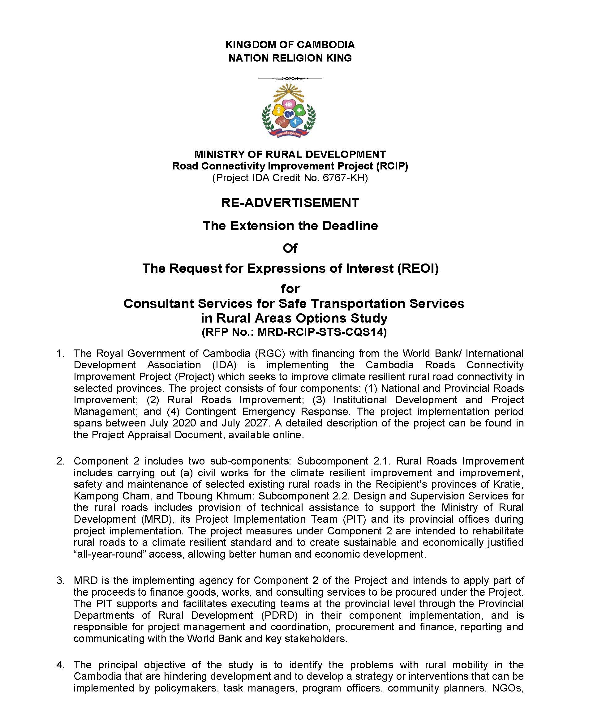 The Request for Expressions of Interest (REOI) for Consultant Services for Safe Transportation Services  in Rural Areas Options Study