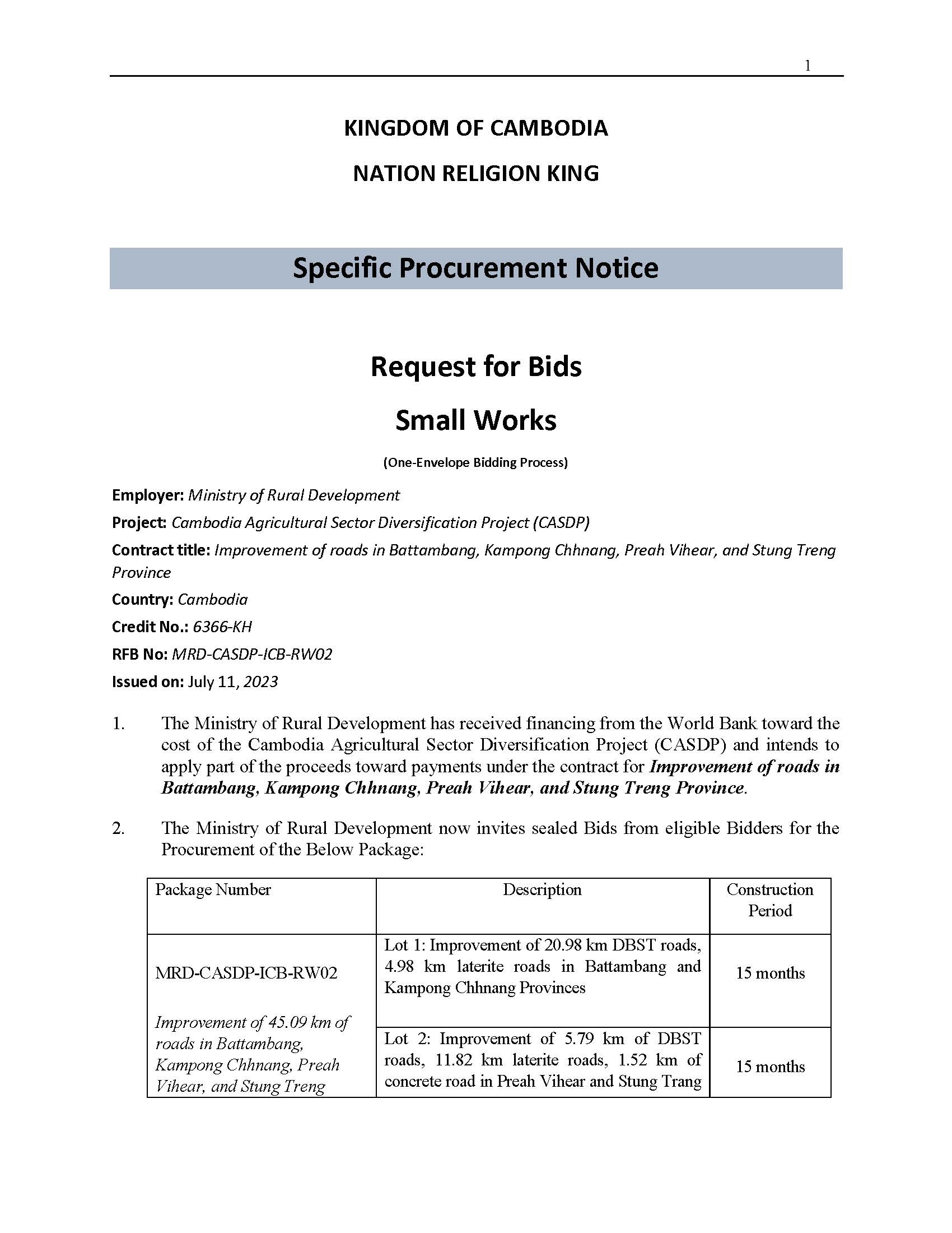 Improvement of roads in Battambang, Kampong Chhnang, Preah Vihear, and Stung Treng Province