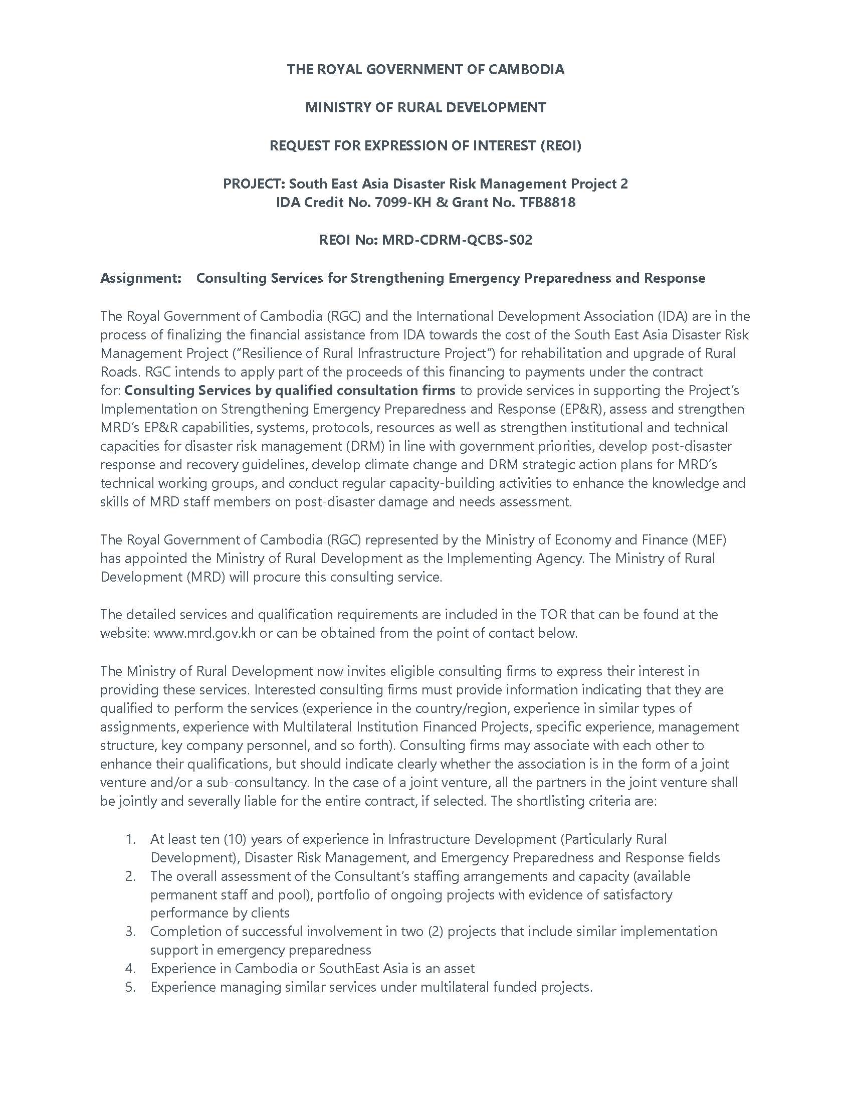Consulting Services for Strengthening Emergency Preparedness and Response
