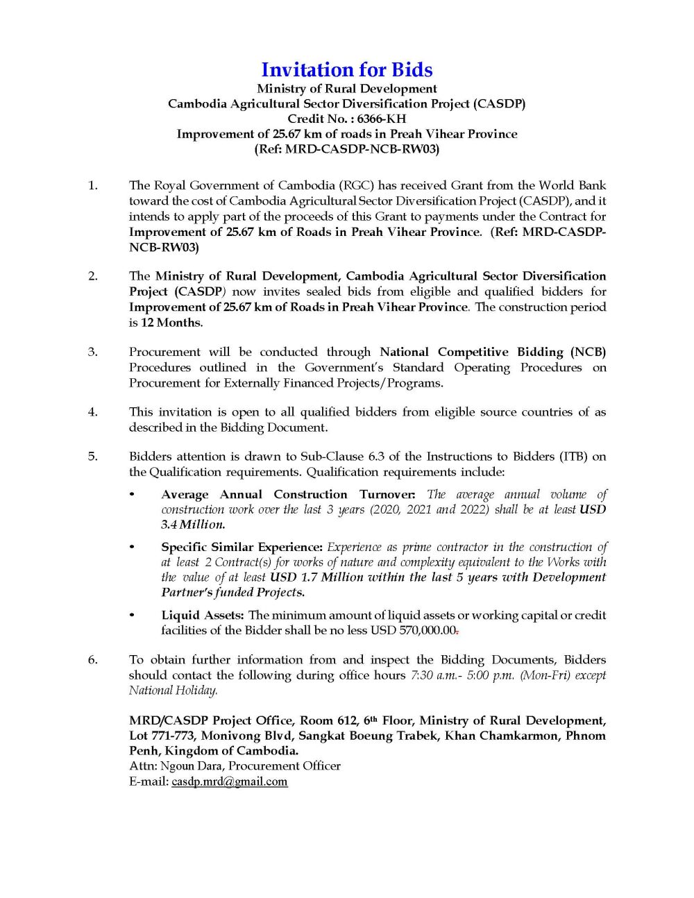 Invitation for Bids for CASDP NCB RW03 Page 1