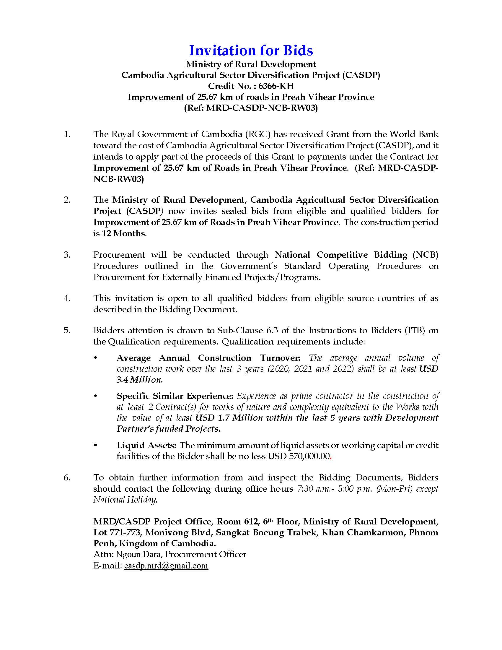 Improvement of 25.67 km of roads in Preah Vihear Province