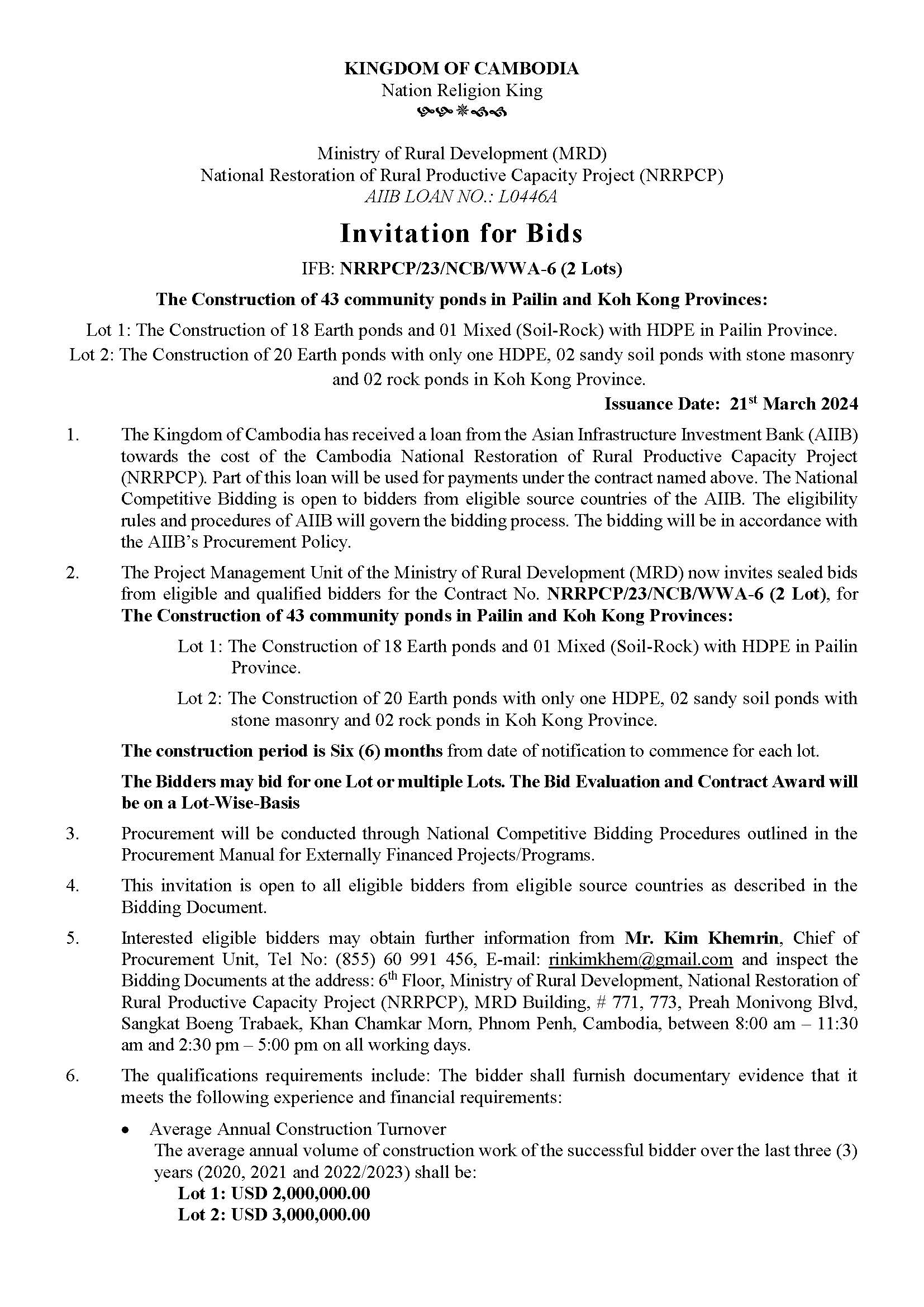 Invitation for Bids IFB: NRRPCP/23/NCB/WWA-6 (2 Lots)