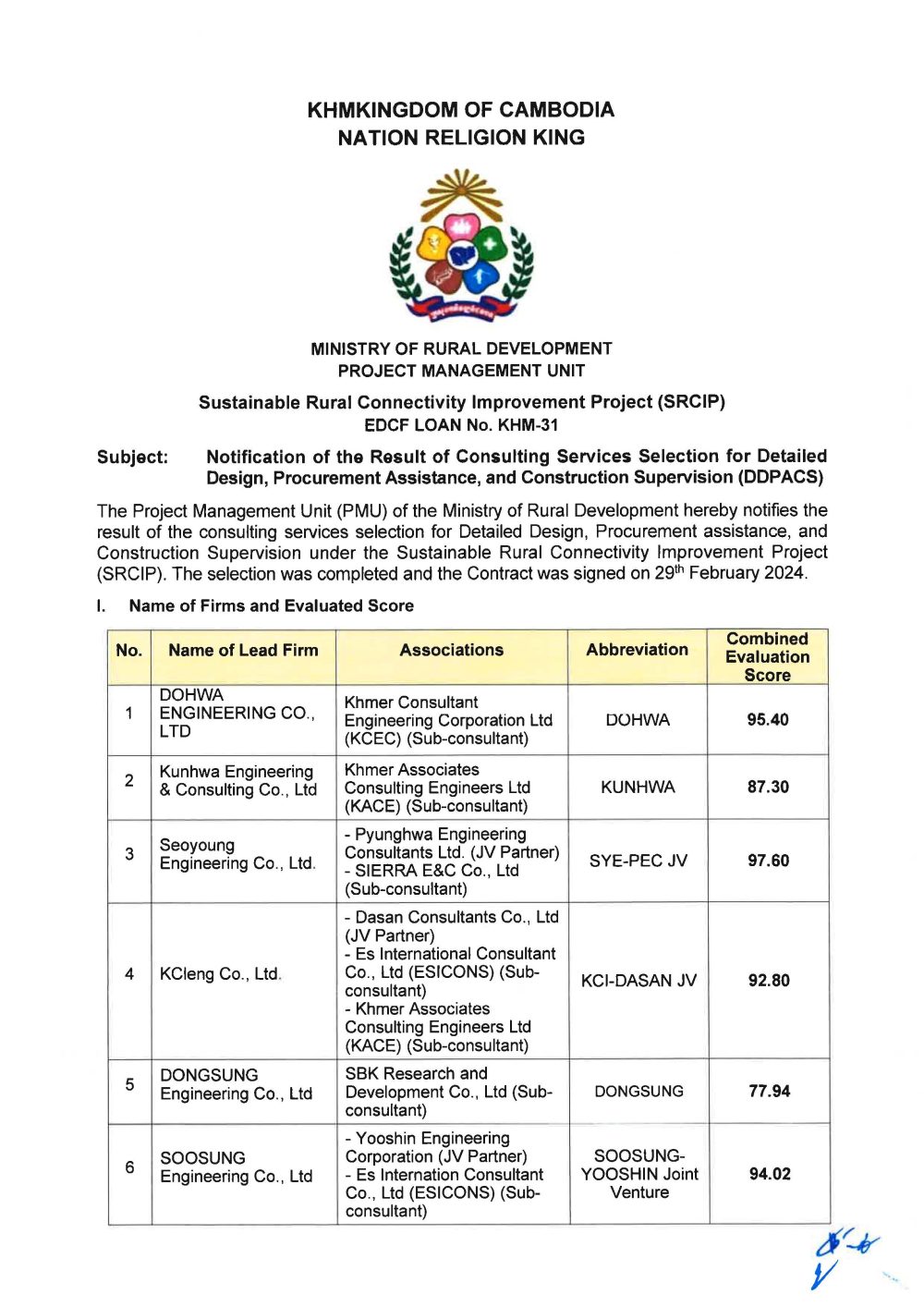 Notification of the Result of Consulting Services Selection for Page 1