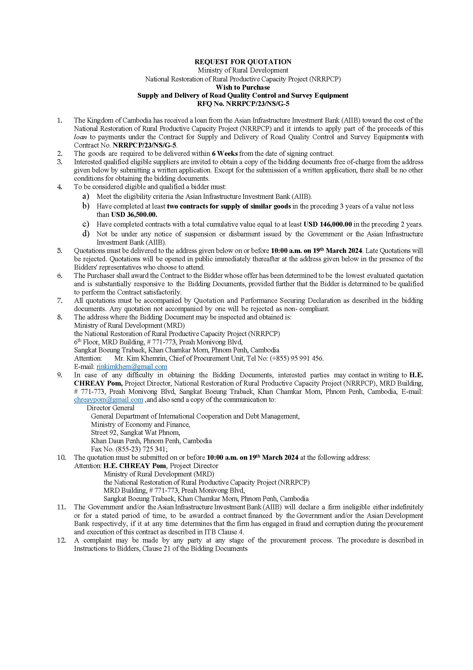 National Restoration of Rural Productive Capacity Project (NRRPCP) Wish to Purchase  Supply and Delivery of Road Quality Control and Survey Equipment