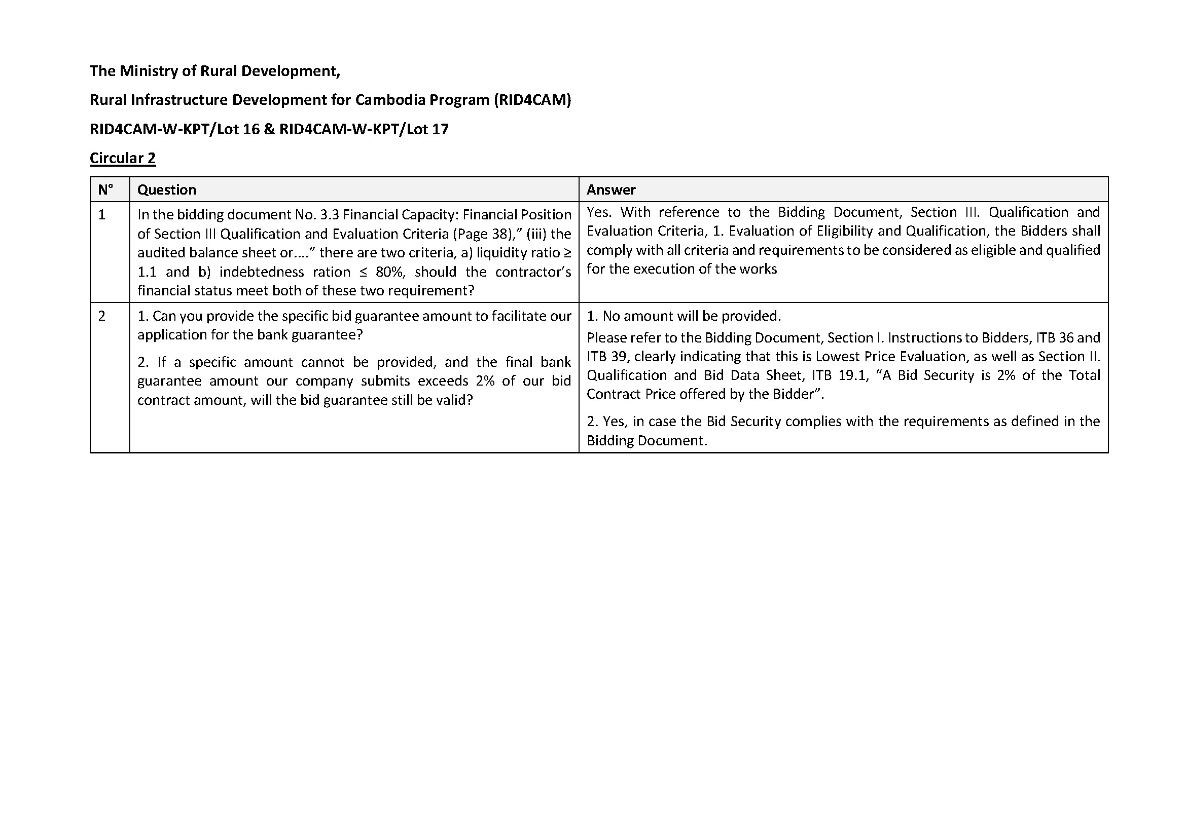 Invitation for Bids - ICB : RID4CAM-W-KPT/Lot 16 & RID4CAM-W-KPT/Lot 17 3 Circular 2 LOT 16 17 RID4CAM
