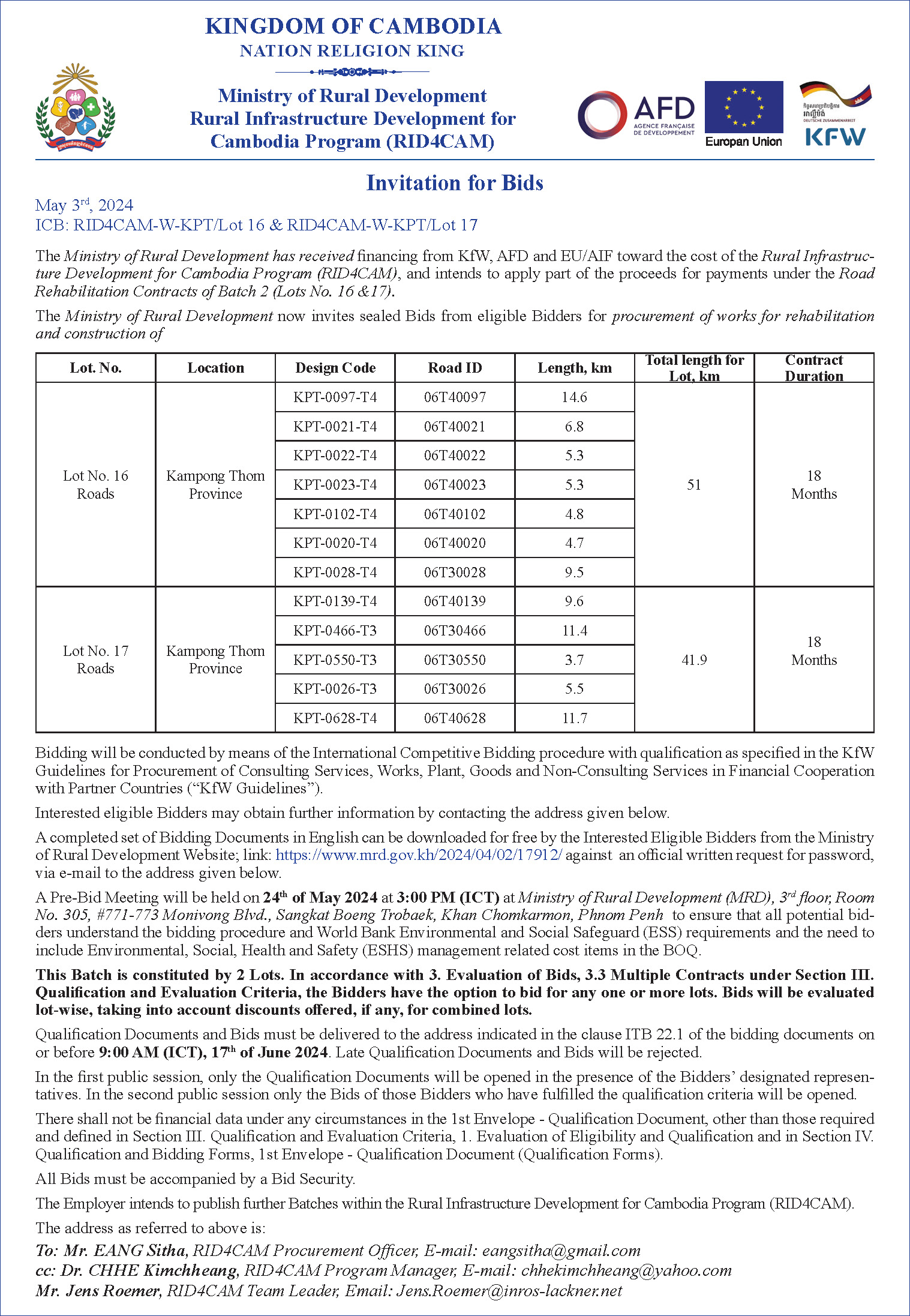 Invitation for Bids - ICB : RID4CAM-W-KPT/Lot 16 & RID4CAM-W-KPT/Lot 17 1 Invitation for Bids LOT 16 17