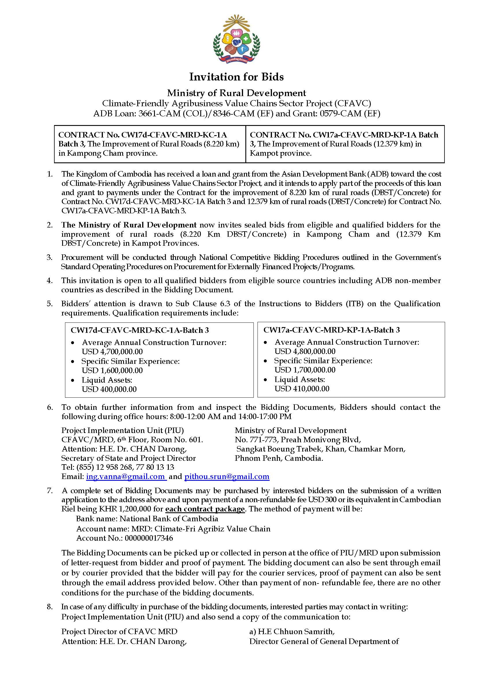 Climate-Friendly Agribusiness Value Chains Sector Project (CFAVC) ADB Loan: 3661-CAM (COL)/8346-CAM (EF) and Grant: 0579-CAM (EF)