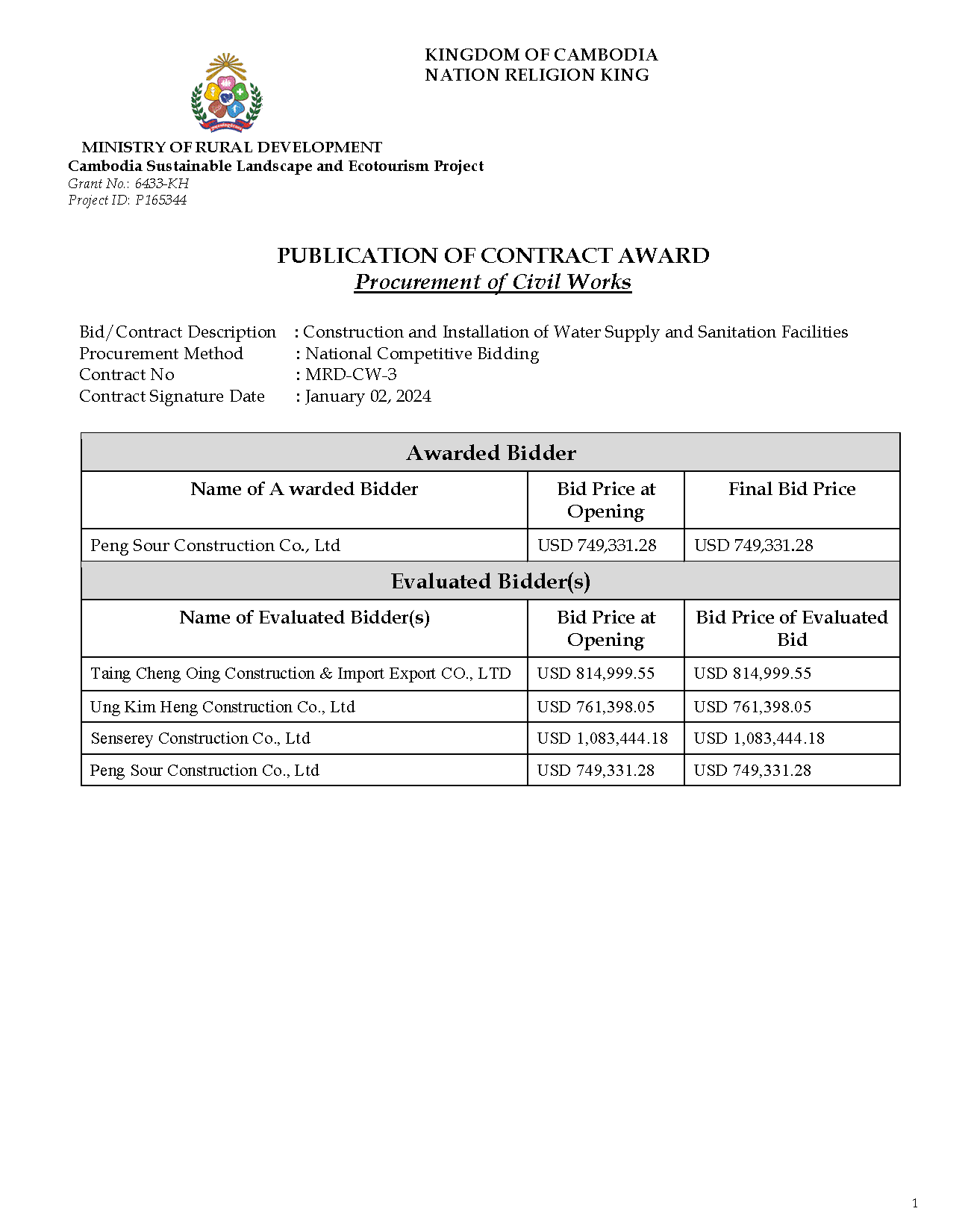 Construction and Installation of Water Supply and Sanitation Facilities