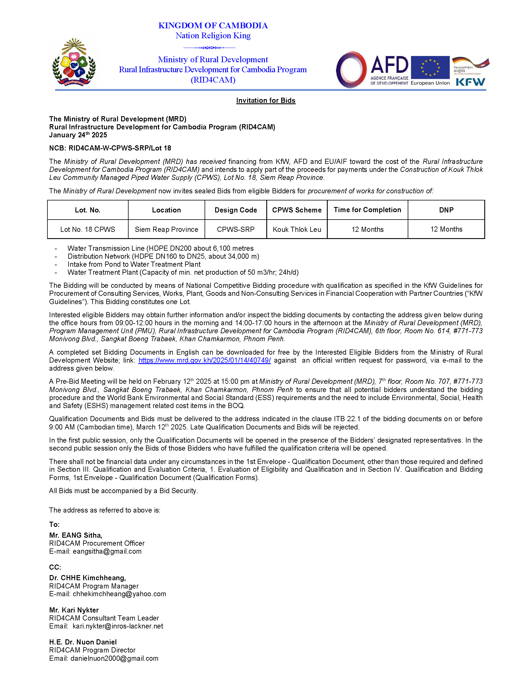 RID4CAM Invitation for Bids CPWS Lot 18