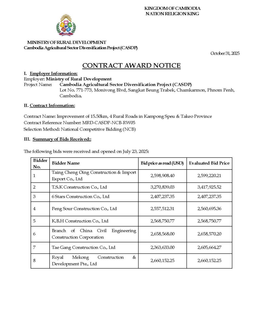 Improvement of 15.50km, 4 Rural Roads in Kampong Speu & Takeo Province 4 Contract Award Notice RW05 Page 1