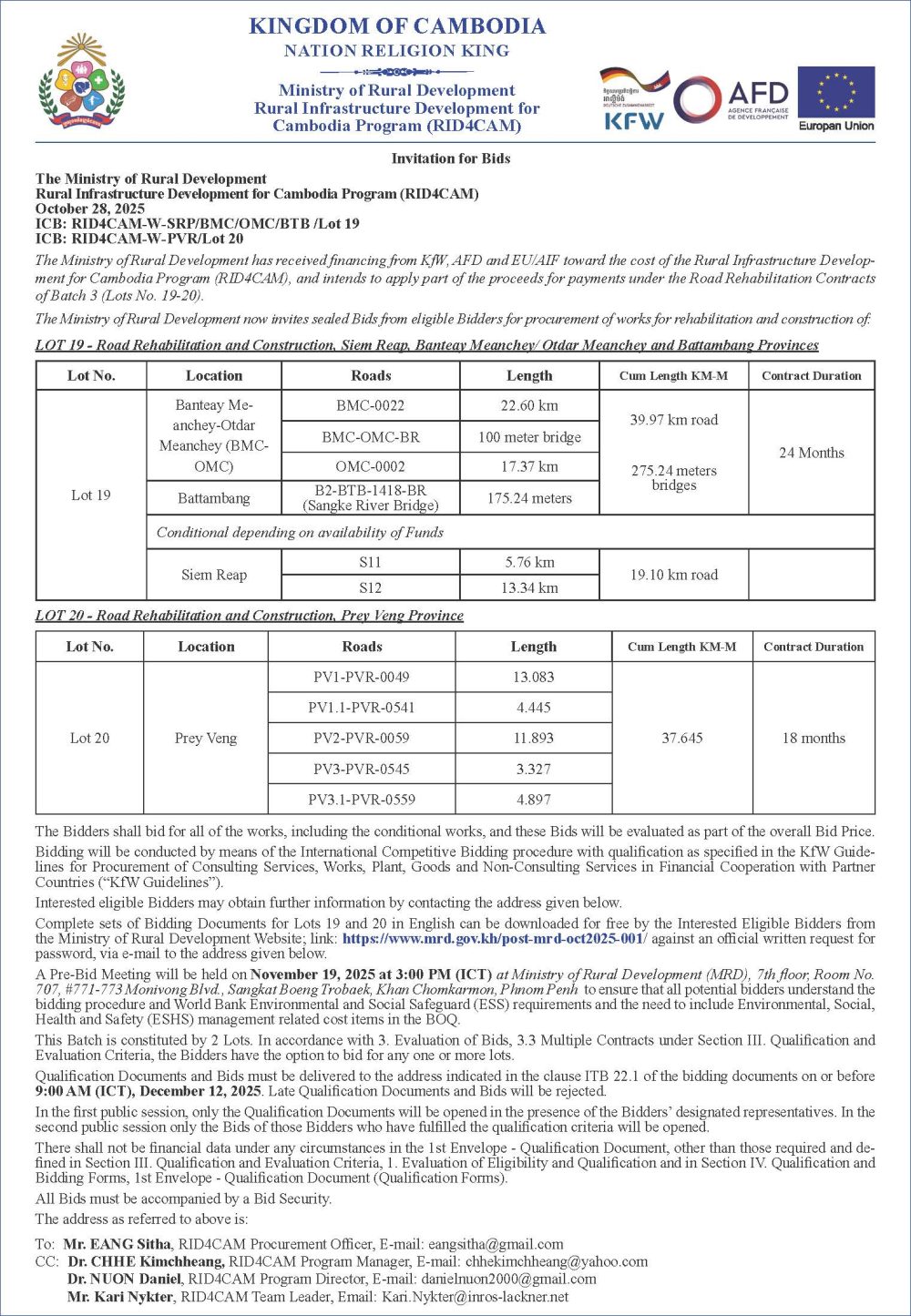 Invitation for Bids - ICB: RID4CAM-W-SRP/BMC/OMC/BTB /Lot 19, ICB: RID4CAM-W-PVR/Lot 20 2 PR MORD 12.8cm x 18.5cm 3