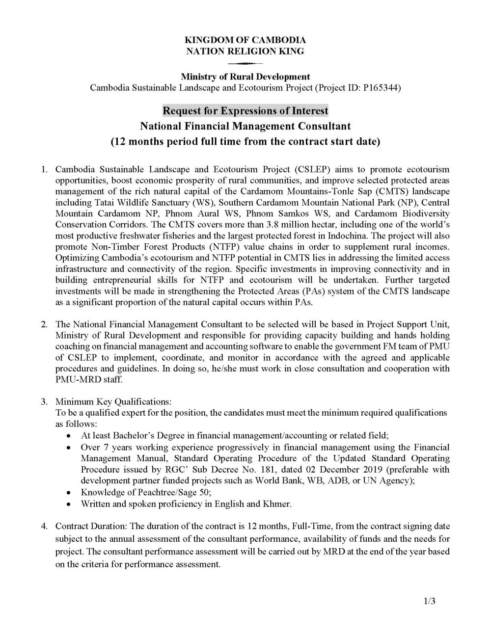 12 months period full time from the contract start date 4 2 REOI for Financial Management Consultant Page 1