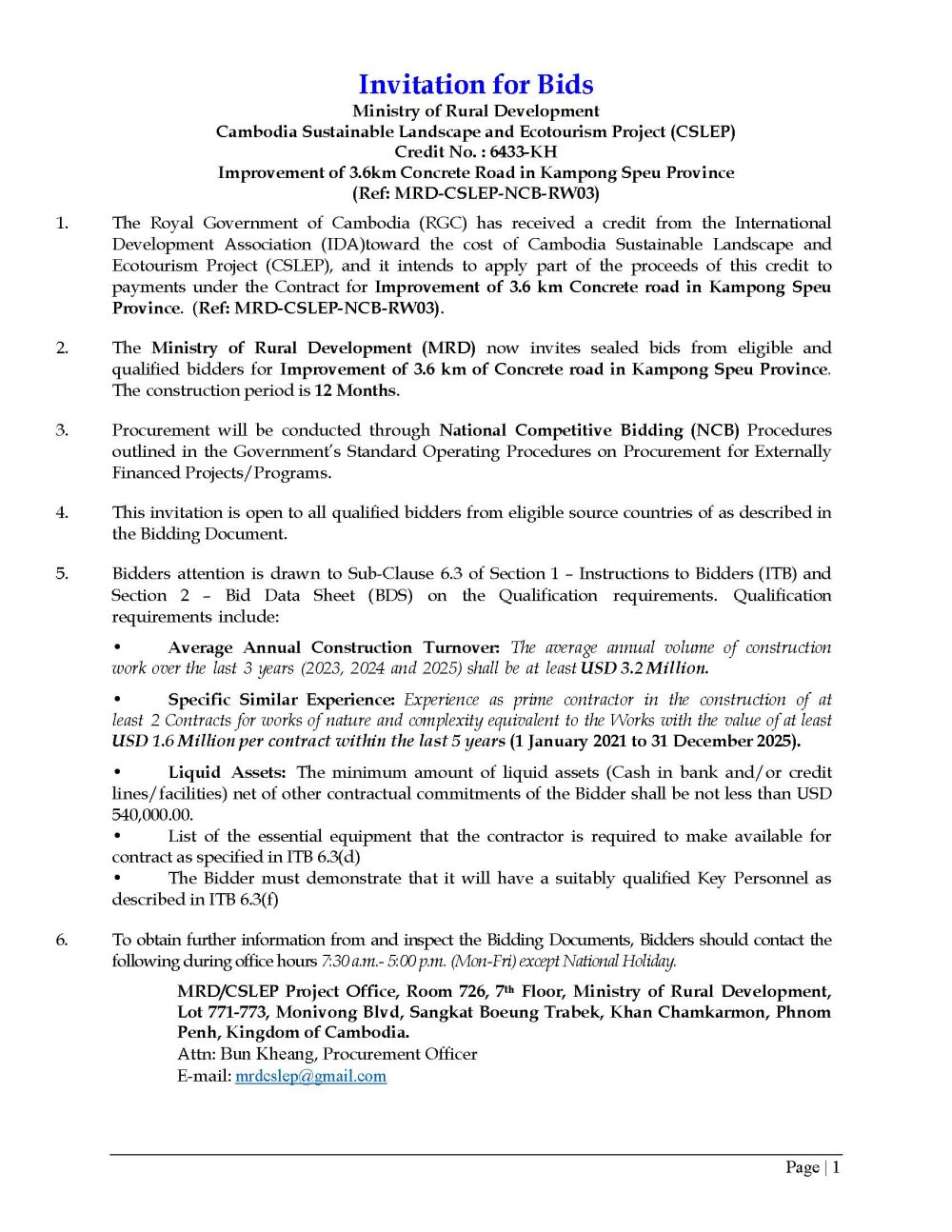 Invitation for Bids RW03 CSLEP Page 1