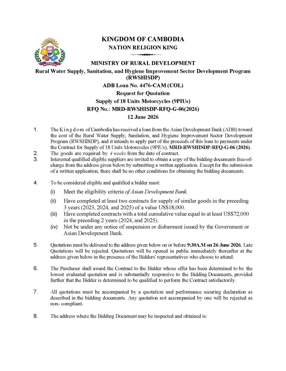G 06 RFQ Supply 18 Units of Motorcycles 04 June 26 Page 1
