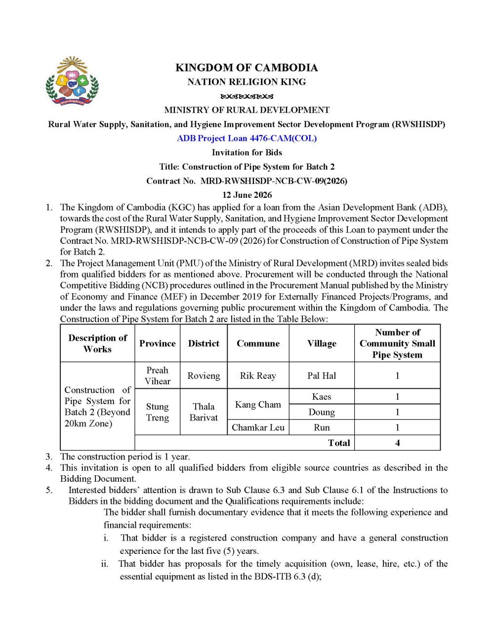 Invitation Advertisement for Bid CW 09 Page 1