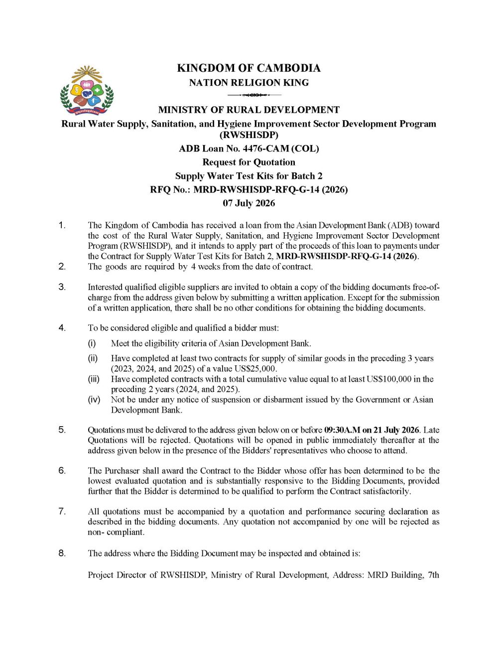 G 14 RFQ Adv Supply Water Test Kits 06 July 26 Page 1