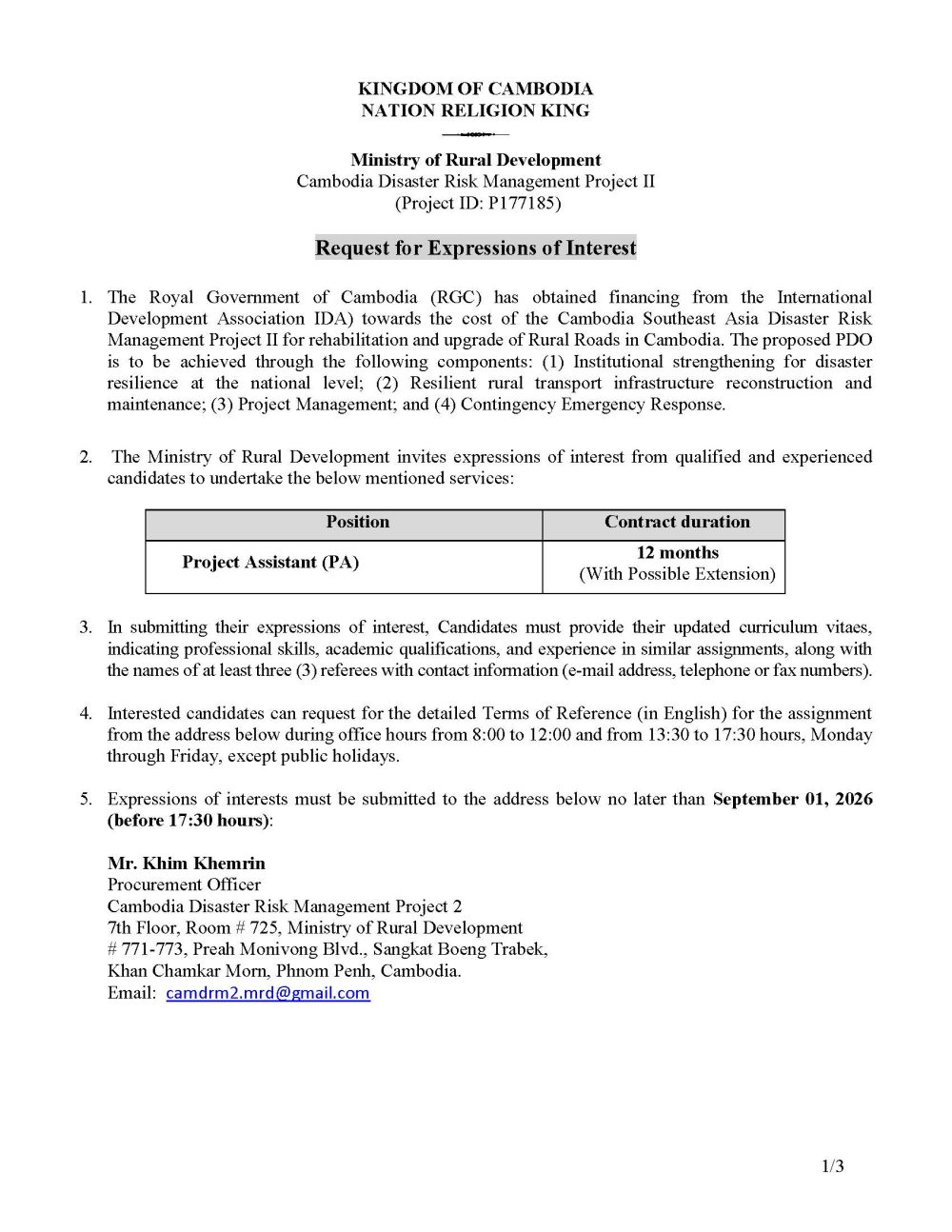 1 REOI for Project Assistant
