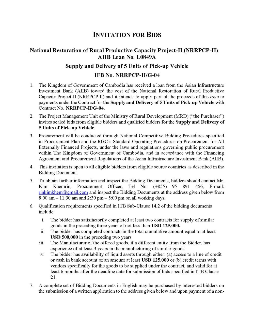 Invitation for Bids NRRPCP II Vehicles Page 1