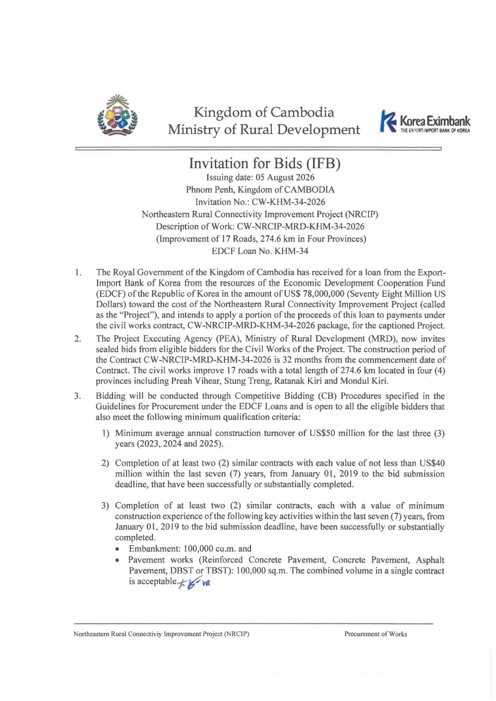 NRCIP KHM 34 Bid Advertisemnt for Civil Work Page 1